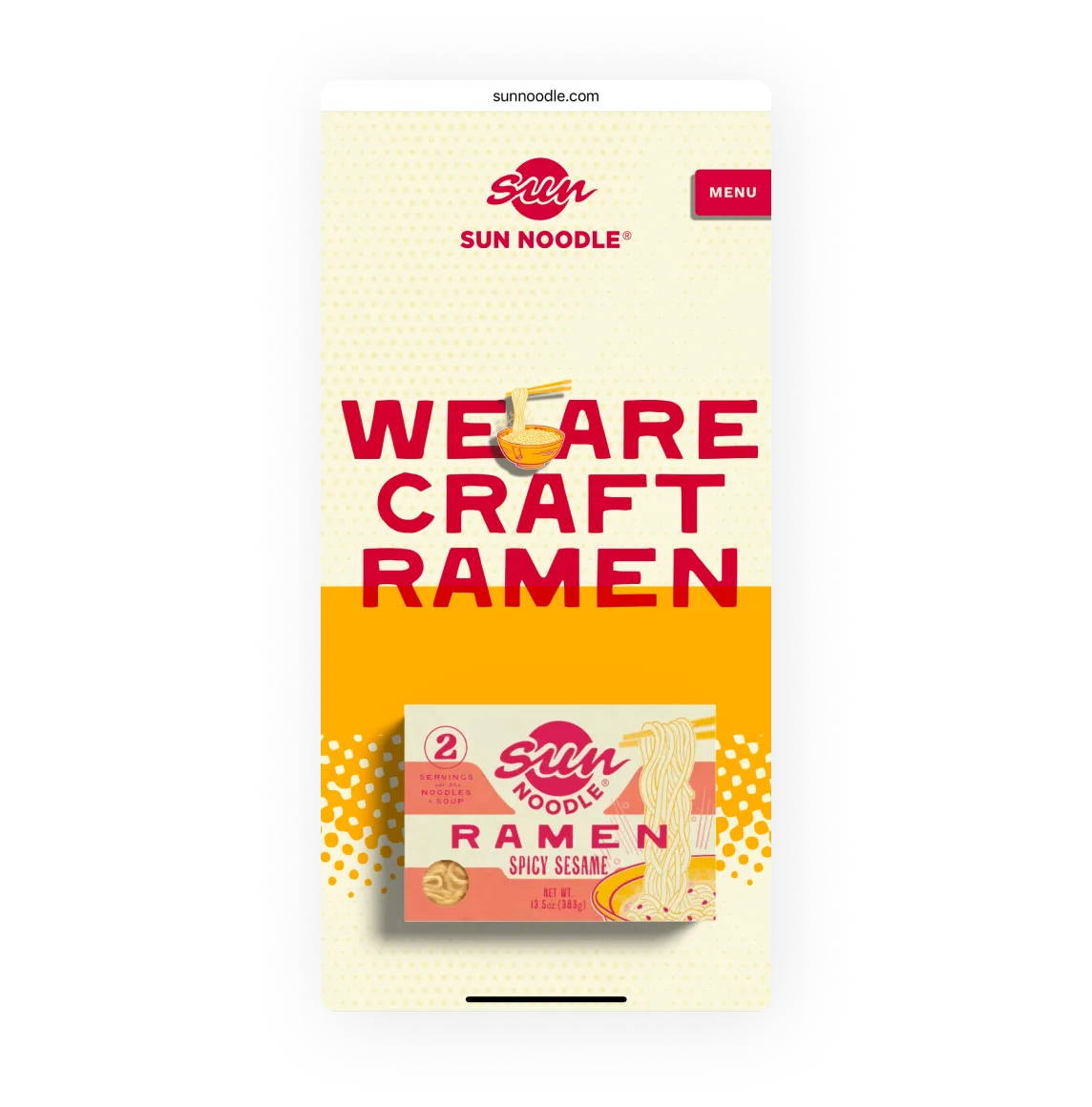 Mobile responsive view of UX Design and web development for Sun Noodle